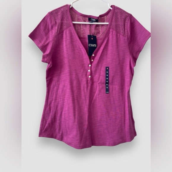 Chaps Women's Pink Short Sleeve Henley Lace Top Sz X-Large V-Neck Buttons NWT - Picture 1 of 4